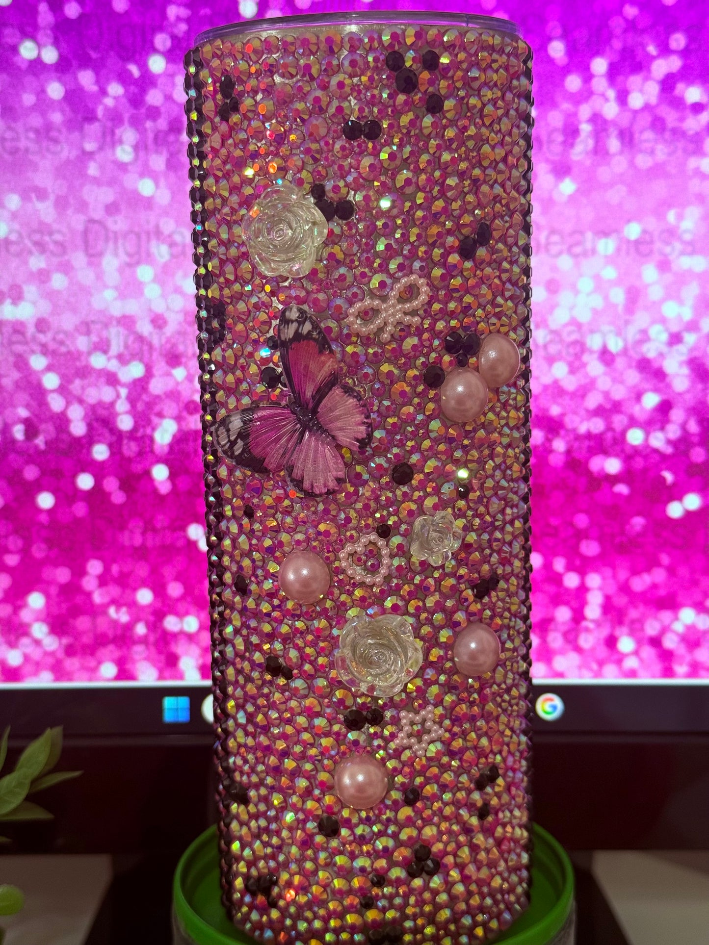 Pink Butterfly Rhinestone Tumbler